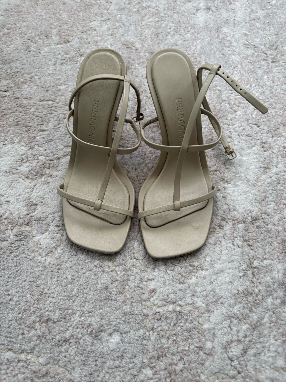 Salvatore Ferragamo Neutral Beige Strappy Square-Toe Heels